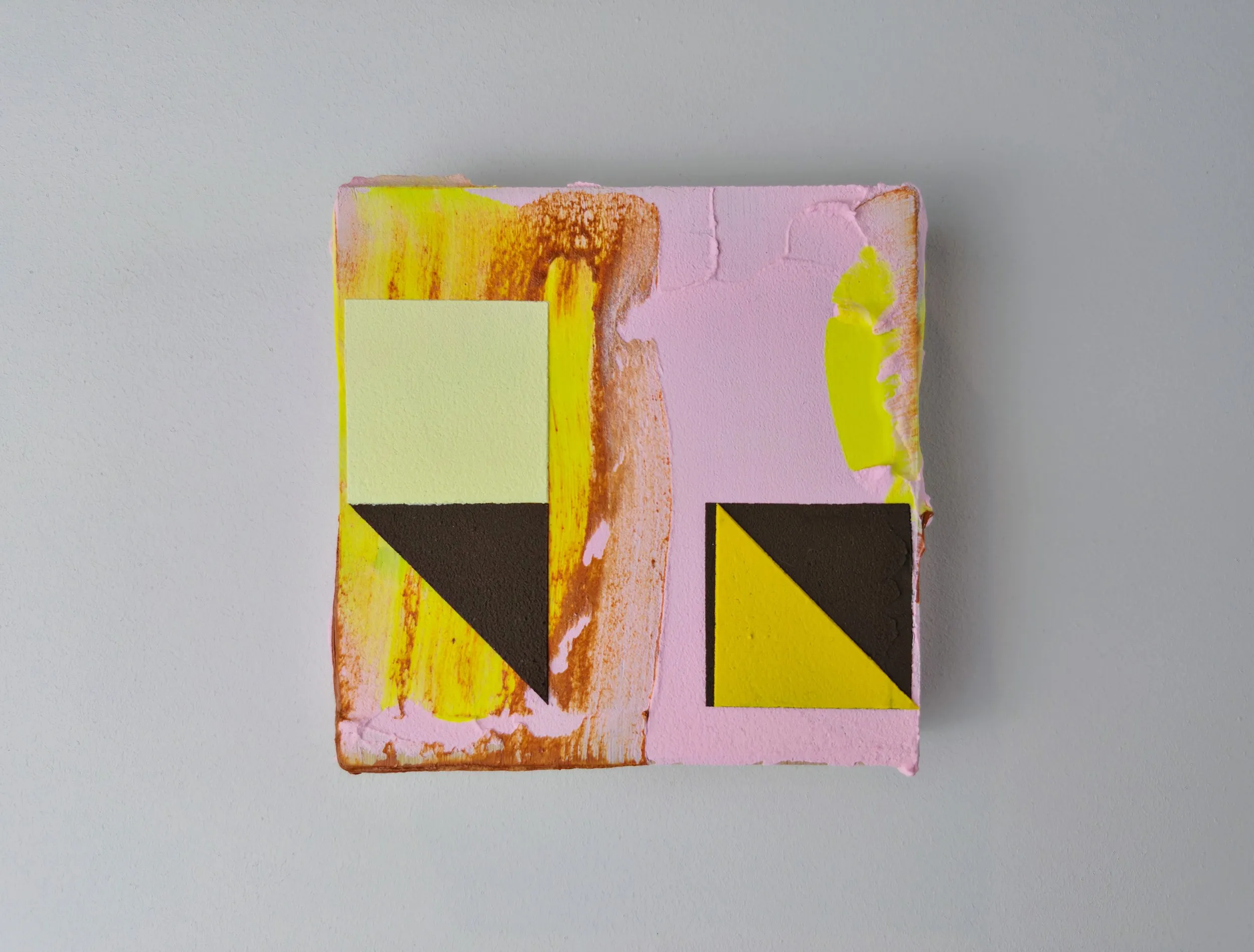 Banana Split, acrylic and filler on repurposed wooden coaster