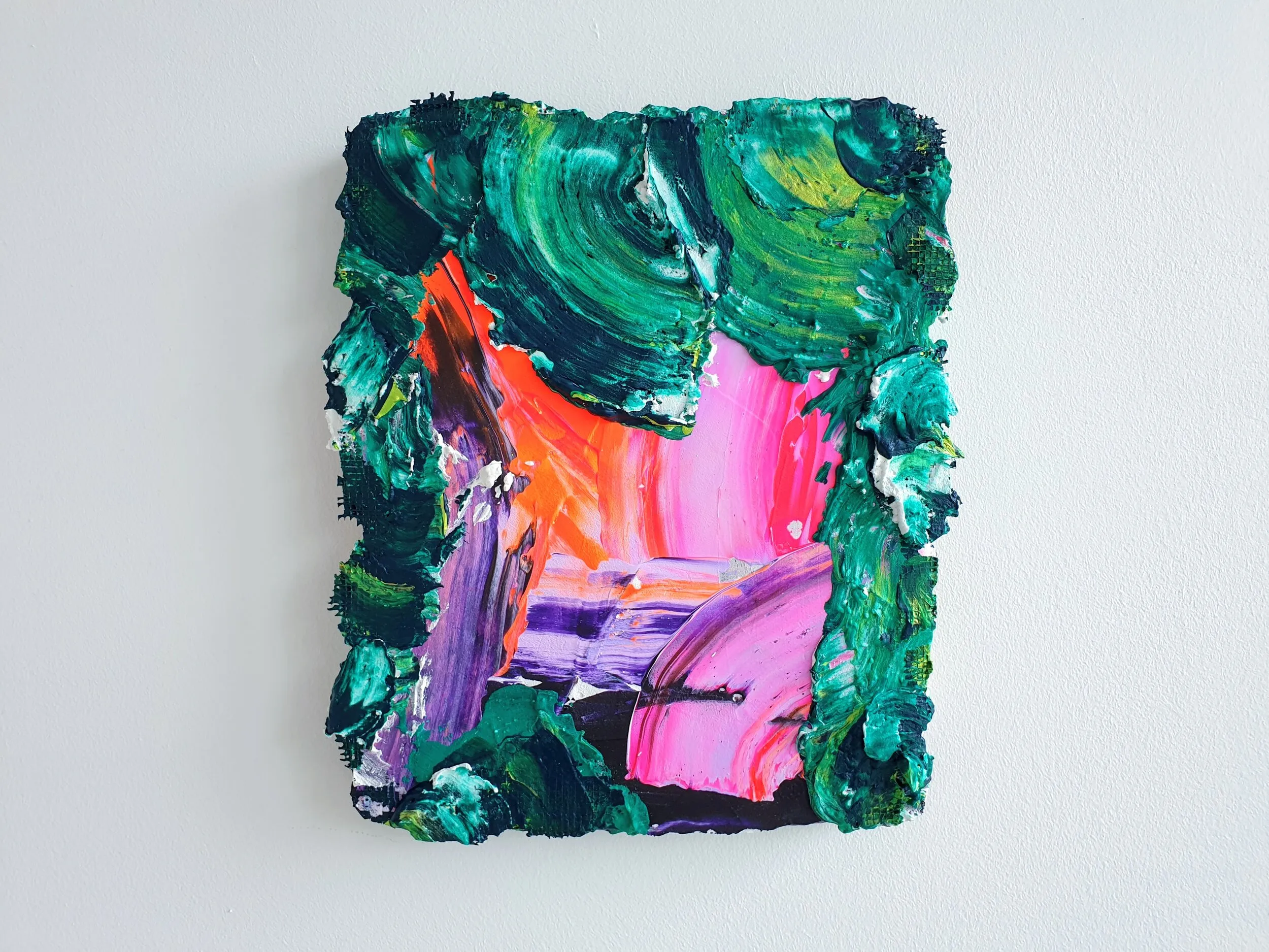 Cavern, acrylic, emulsion, collage and filler on plywood