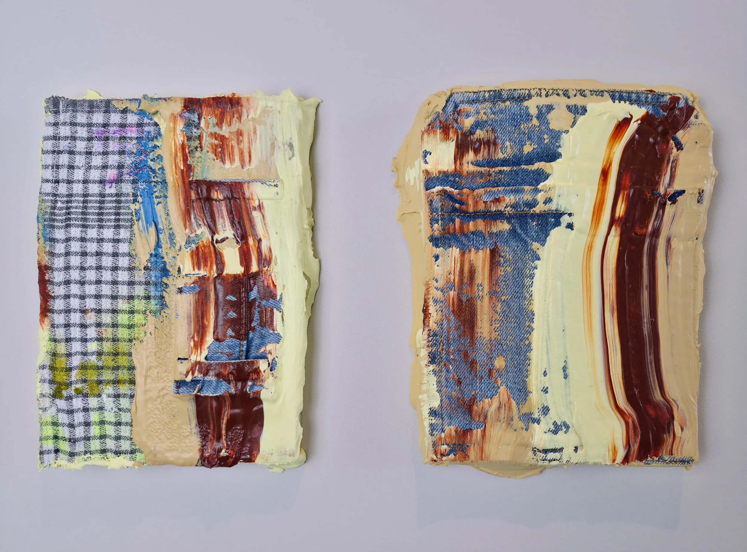 Double Denim, modelling paste, reclaimed denim, acrylic and mixed media on panel