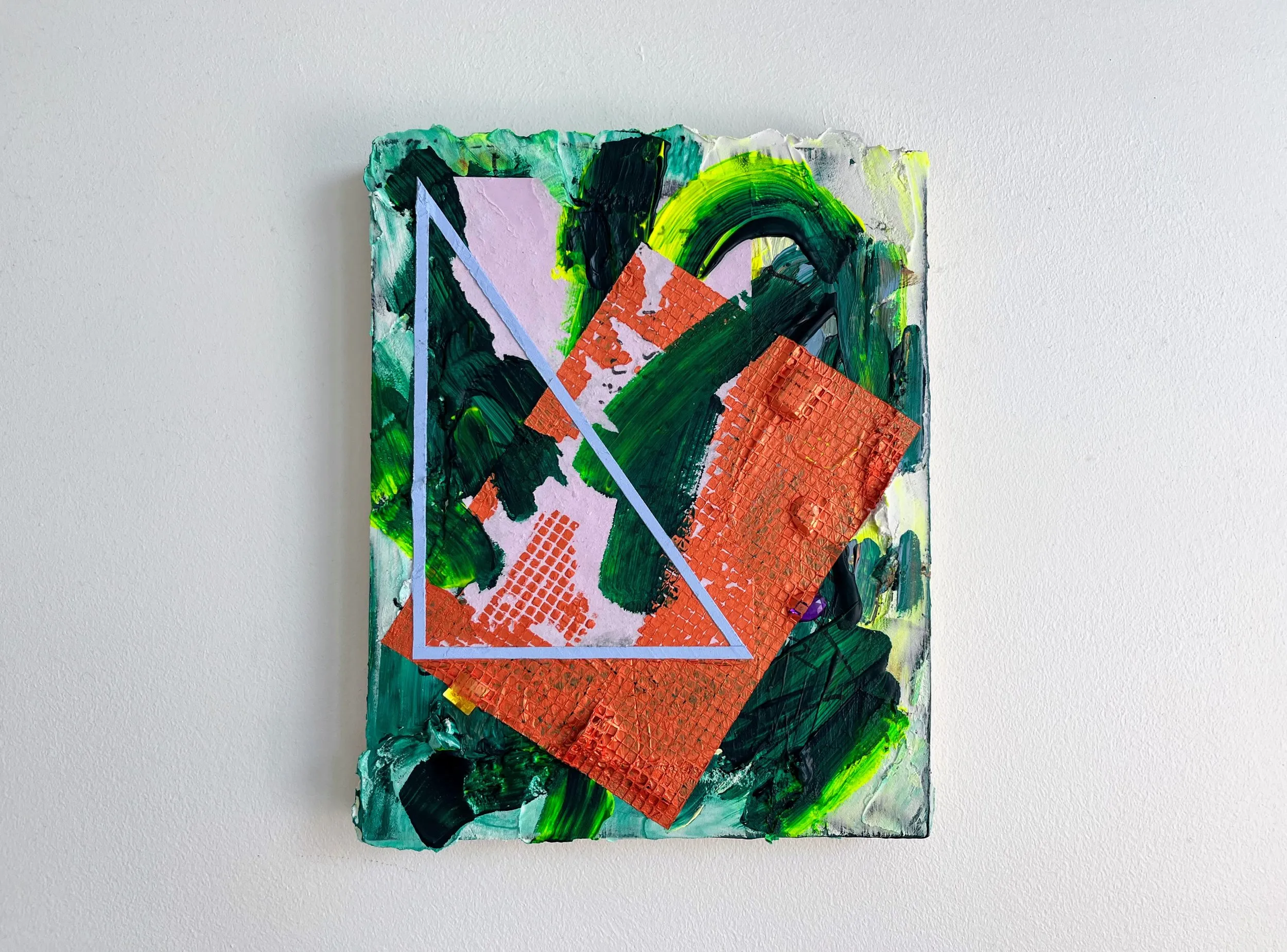 Glitch, acrylic, emulsion, collage, felt tip, filler, and costume jewels on found plywood