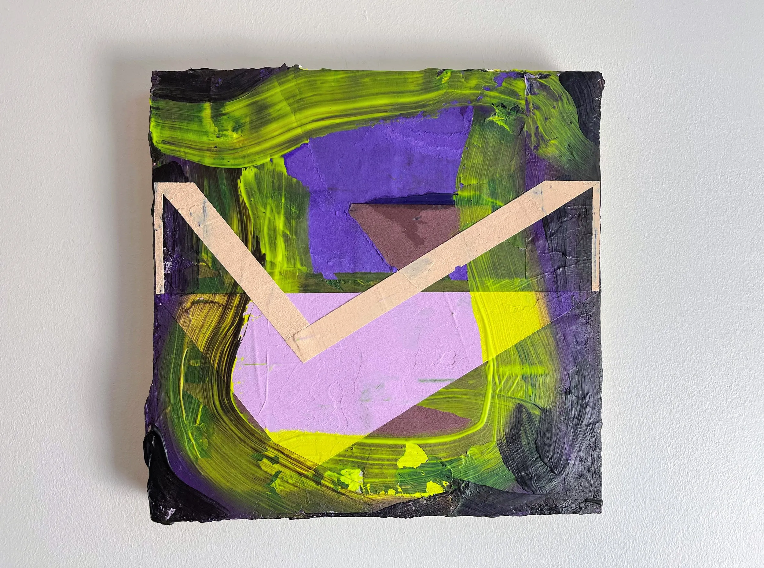 Parallels, acrylic, collage and filler on hardboard