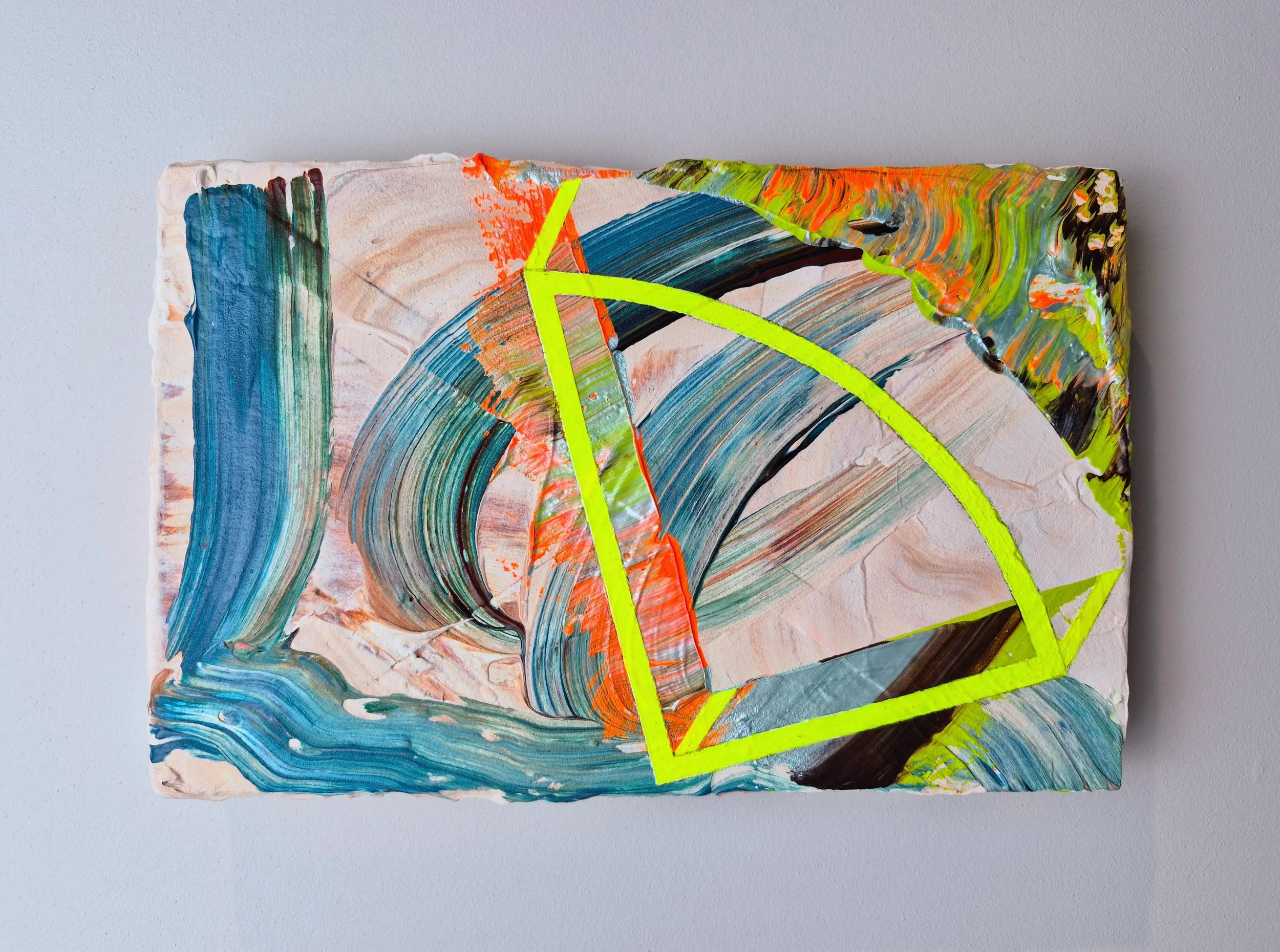 Slice, acrylic and filler on found plywood