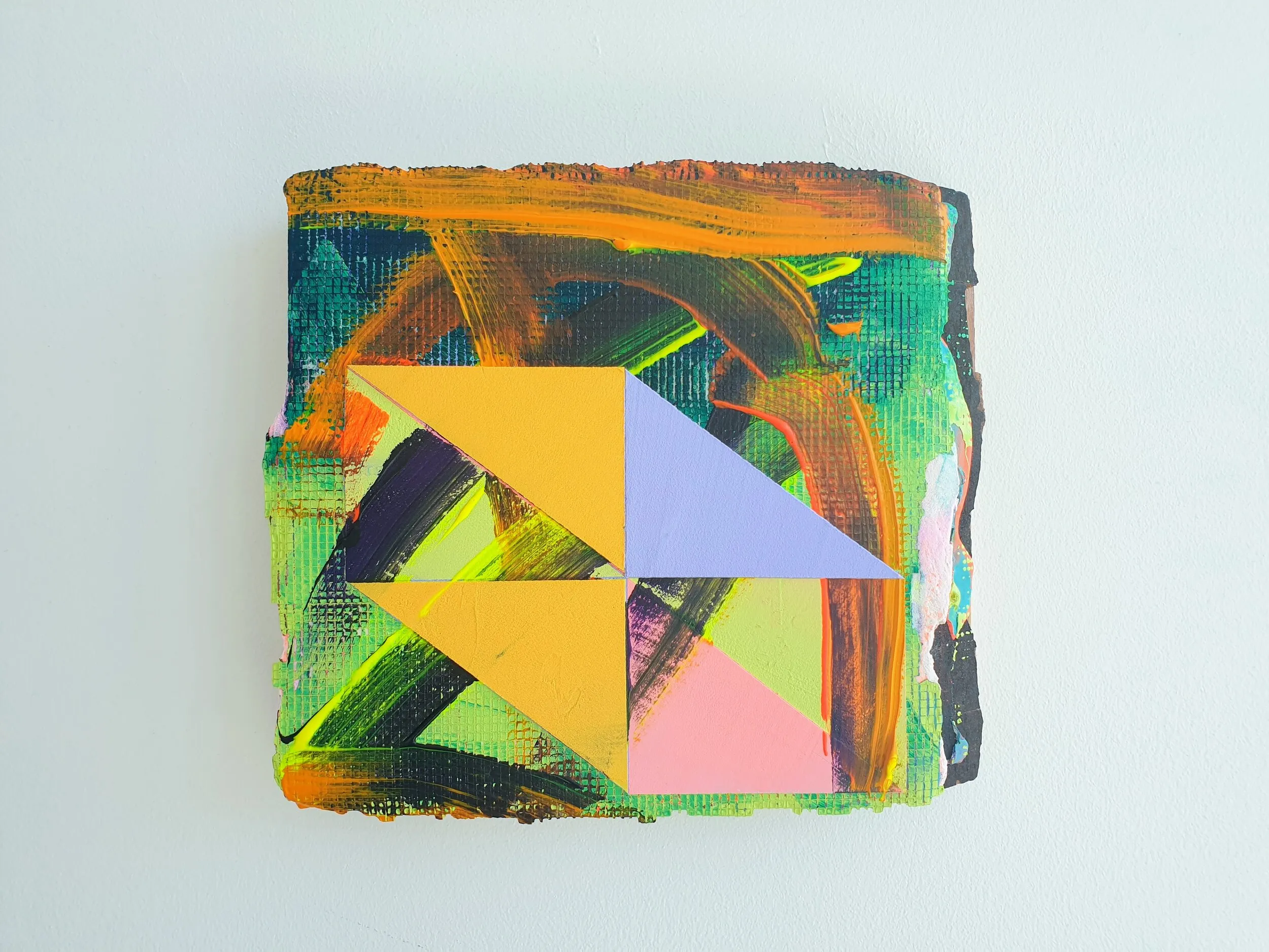 Token, acrylic, emulsion, collage and filler on found wood