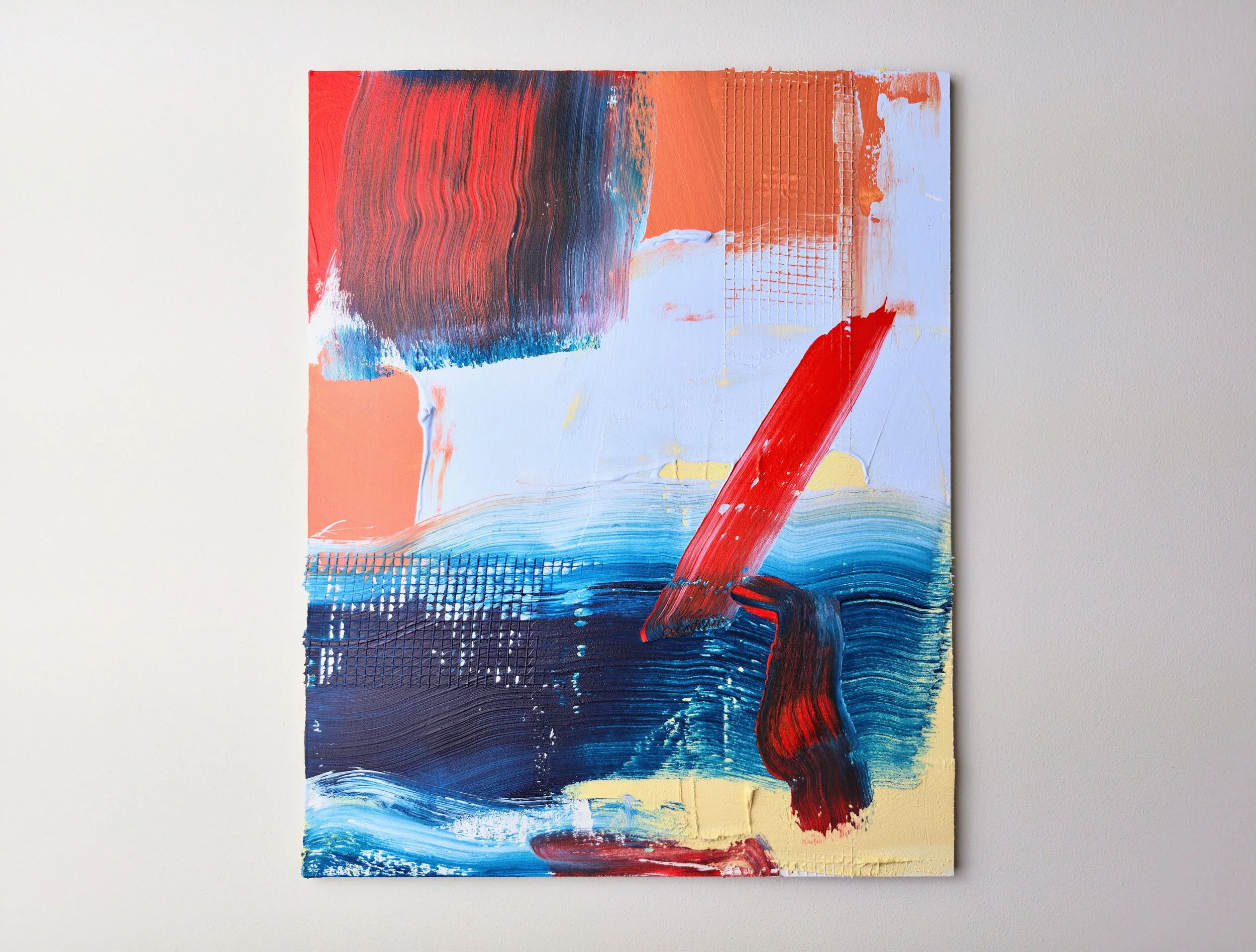 Undertow, acrylic, filler, mesh and found fabrics on panel