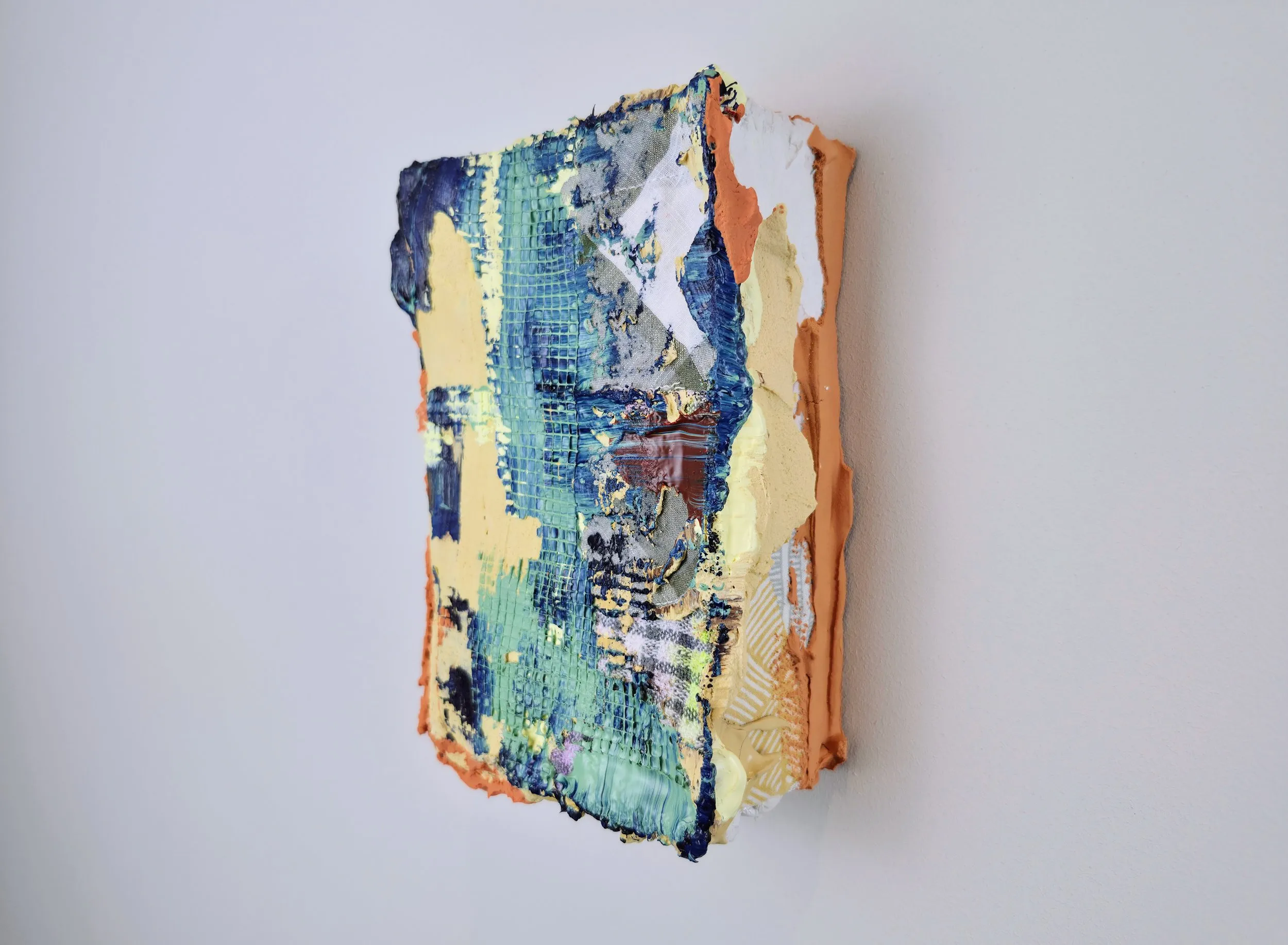 Untitled (Wall Sculpture), acrylic, found fabrics, modelling paste and mixed media on clay
